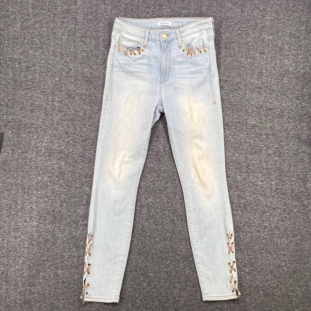 Good American Good Legs Skinny Jeans Light Wash Gold Chain Lace Up Ankle Size 10